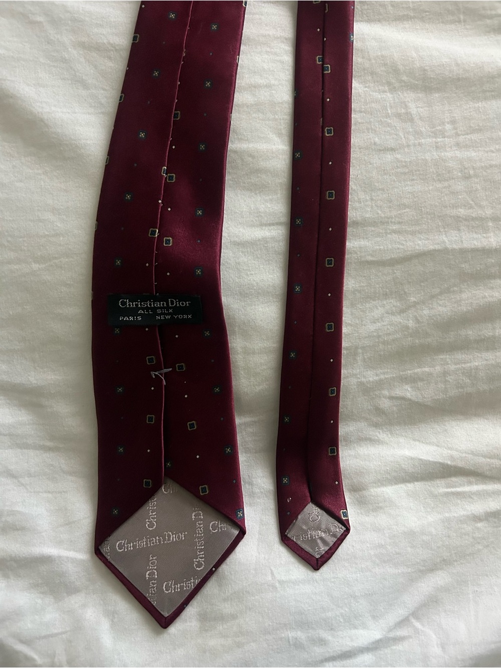 Vintage Christian Dior Men’s Silk Geometric Woven Tie Burgundy Blue Gold Silk